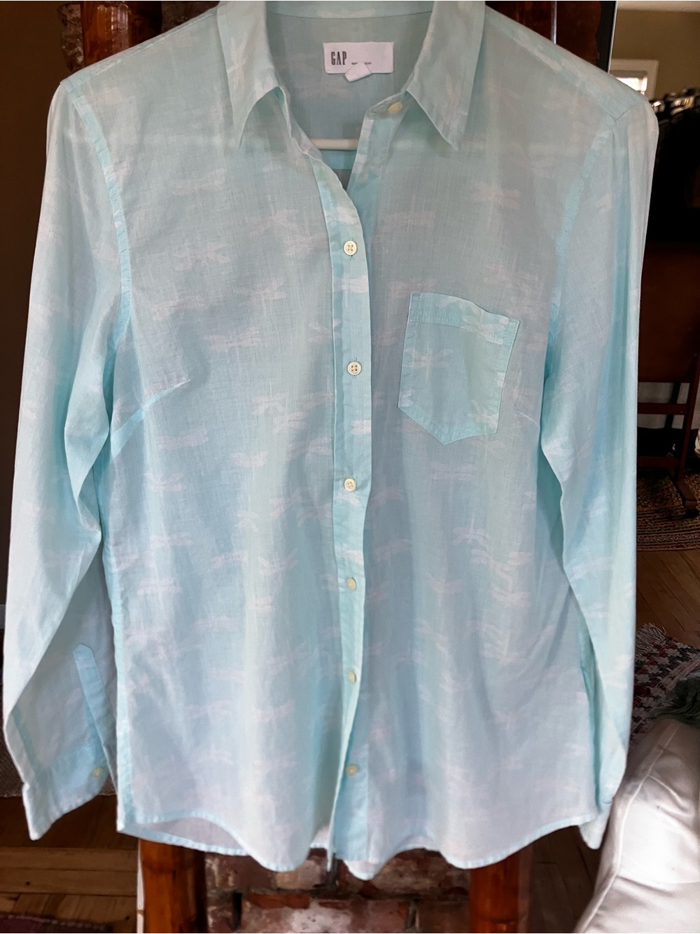 Gap Boyfriend Fit Small Light Aqua Cotton Shirt with White Dragonflies